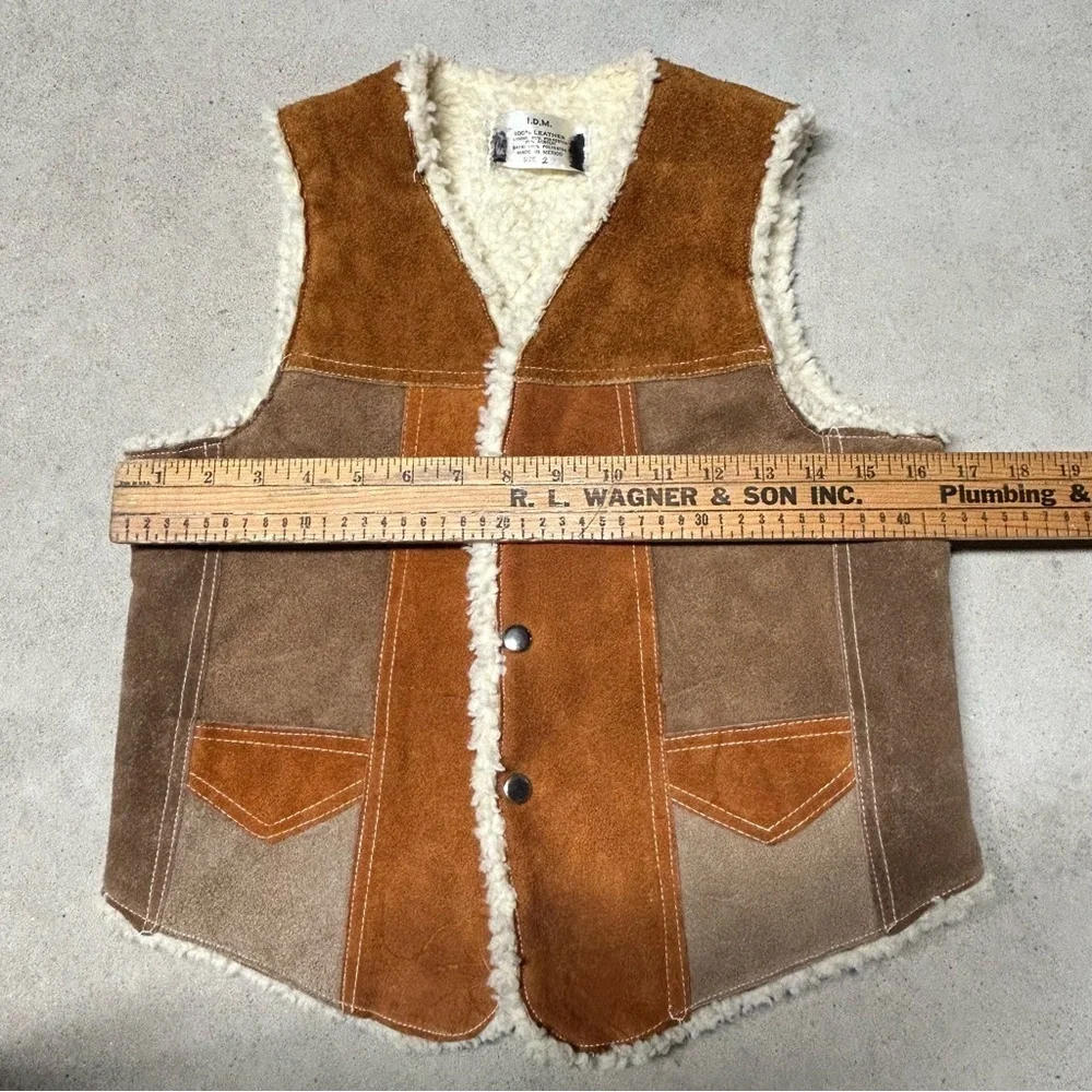 Vintage I.D.M. 100% Leather Vest Suede Youth Western Cowboy Sherpa Colorblock